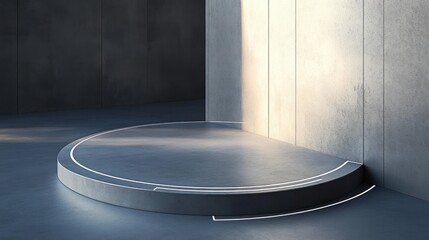 Minimal concrete circular podium in a quiet corner bathed in soft sunlight with sleek illuminated lines, evoking calm and contemplative modernity