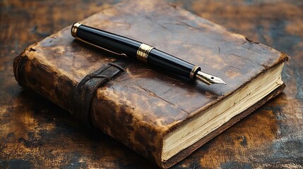 weathered leather journal with strap and elegant black fountain pen on a rustic wooden table, evoking nostalgia and quiet contemplation