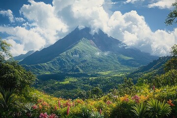 Towering cloud-capped mountain rising above a sunlit green valley, framed by dense forest and a foreground of colorful tropical wildflowers, evoking peaceful awe