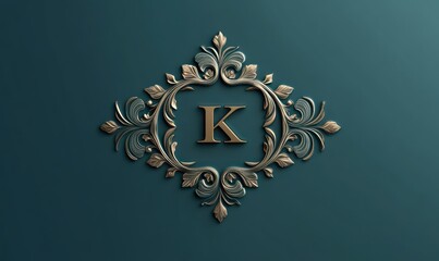 ornate gold floral monogram letter k centered in an intricate ornamental frame on a teal background evoking elegant luxury and classical sophistication