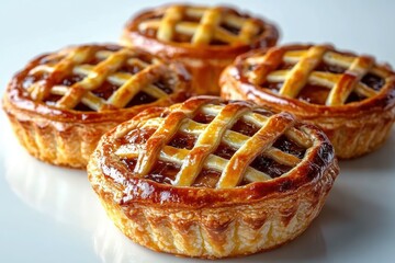 Four golden lattice-topped fruit tarts with glossy glaze and flaky crusts on a white surface, warm inviting and indulgent close-up