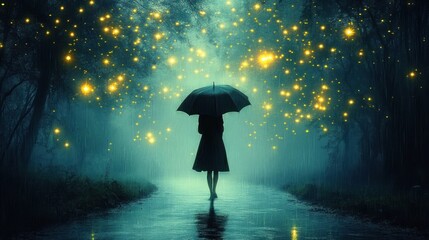 solitary figure walking barefoot on a rain-soaked forest path under an umbrella, surrounded by glowing golden lights and mist in a serene, magical night scene