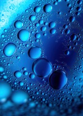 close-up of glossy blue liquid bubbles and droplets on a textured surface, shimmering and calm