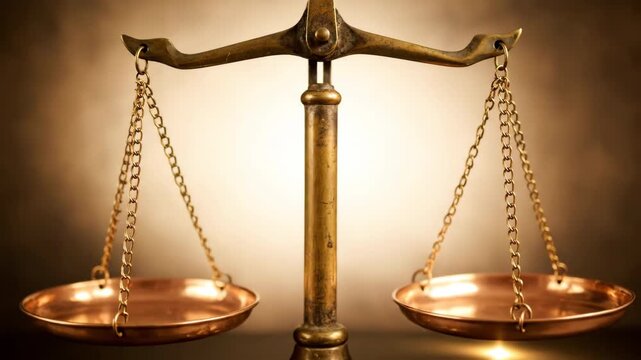 A shiny gold justice scale with empty pans, spotlighted against a brown gradient background, symbolizing law, balance, and ethical decisions.