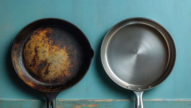 worn cast iron skillet with rusted seasoned surface beside gleaming stainless steel frying pan on teal wooden background, evoking nostalgia and renewal