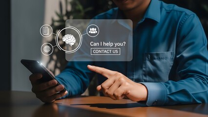 Man interacting with futuristic digital interface on smartphone
