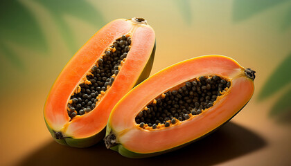 Ripe And Juicy Papaya Cut In Two With A Beautiful Contrast Of Orange Black And Green