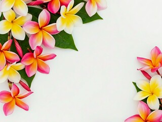 Plumeria Frangipani Flower Border on White Background. Generative AI. 