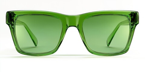front-facing translucent green thick-framed sunglasses with matching green lenses on clean white background, glossy modern stylish playful mood