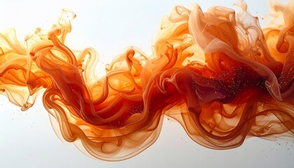 Abstract Flowing Orange and Red Ink with Shimmering Particles on White