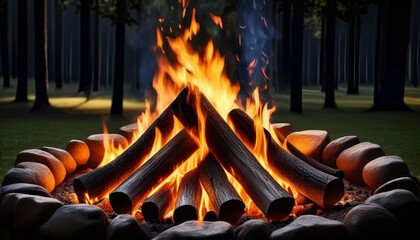 Vibrant Campfire Illustration With Bright Flames And Black Logs Arranged In A Circle Creating A Warm And Inviting Atmosphere For Outdoor Gatherings And Adventures