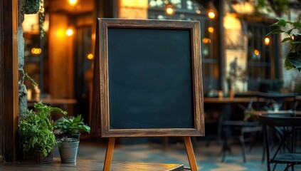 empty wooden framed chalkboard on easel outside cozy bistro patio with warm glowing lights and potted plants, inviting evening atmosphere