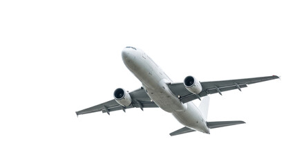 Obraz premium A sleek white commercial passenger airplane with two jet engines in dynamic upward flight, isolated against a bright, transparent background with copy space, concept of global air travel