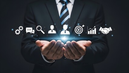 Businessman presenting digital marketing and social media icons