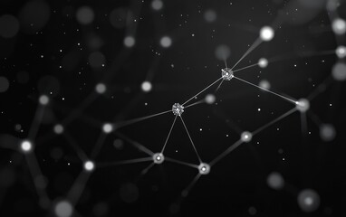 glowing network of interconnected nodes and thin lines with scattered particles on a dark background, evoking futuristic mystery and connectivity