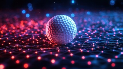Dimpled white sphere like a golf ball on a glowing neon network grid of red and blue nodes with bokeh lights, reflective surface and futuristic mysterious energy