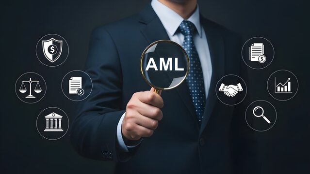 Anti money laundering concept with businessman and icons