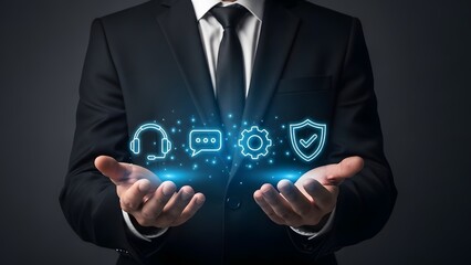 Businessman presenting digital icons for security data and technology