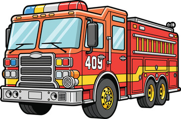 Vibrant Red Cartoon Fire Truck with Yellow Stripes and Emergency Lights Number 405.
