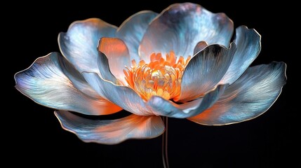 Single iridescent metallic flower with glowing orange stamen and delicate blue-silver petals on black background, evoking serene magical wonder