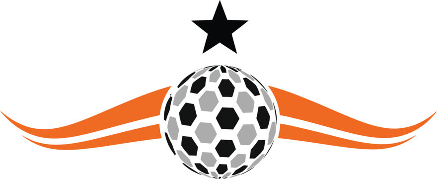 Stylized soccer ball emblem with a hexagonal pattern a black star and dynamic orange swooshes.