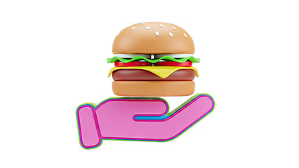 3D Burger Icon on Abstract Hand