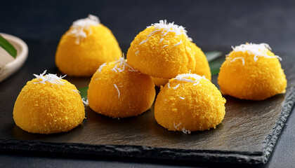 Yellow Coconut Sweets Arranged Beautifully On A Stone Plate