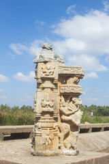India, Karnataka, Mysuru, Beautifully Carved Pillar of Hindu Temple in Bank of Kaveri River. Carvings of Hindu Deities.