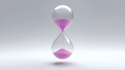 Modern glass hourglass with pink sand flowing on white background