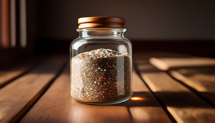 Jar Filled With White And Brown Speckled Spices On A Wooden Surface In Natural Light