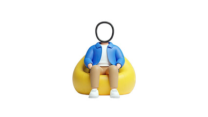 3D Cartoon Character Sitting on a Yellow Beanbag Chair with a Ring for a Head