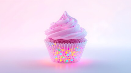 Whimsical frosted glass cupcake with pink icing and colorful sprinkles