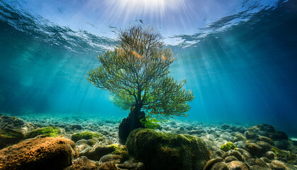 Underwater Landscape Featuring A Vibrant Tree With Sunbeams Filtering Through The Water Creating An Ethereal Atmosphere