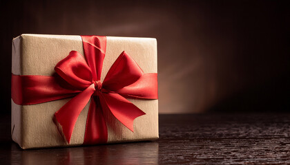 The Elegant Gift Box With A Red Ribbon Against A Dark Backdrop