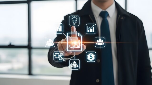 Businessman interacting with digital interface icons - Powered by Adobe