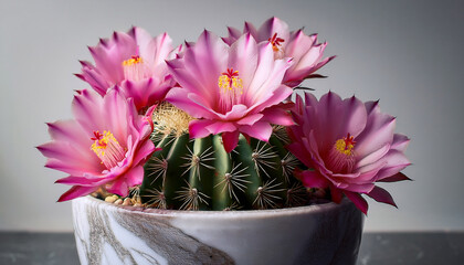 Vibrant Pink Cactus Blooms In A Marble Pot