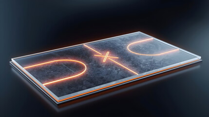 Futuristic glass basketball court strategy board with orange neon lines