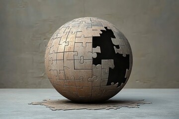 wooden spherical jigsaw puzzle with missing pieces revealing a dark void, scattered flat pieces on a tabletop evoking mystery and incompleteness