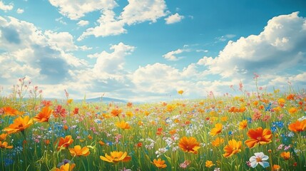 Sunlit wildflower meadow of orange and multicolored blooms under a bright blue sky with fluffy clouds, peaceful and uplifting