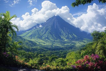 Fototapeta premium Majestic conical volcano rising above a lush tropical valley, framed by palm trees and colorful flowering shrubs, dense green rainforest below and dramatic white clouds against a blue sky