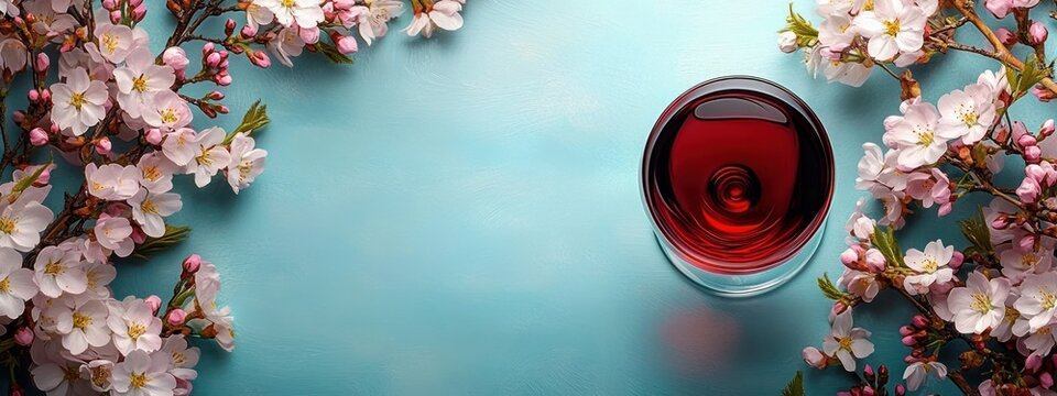 Overhead glass of red wine surrounded by pink cherry blossom branches on a turquoise tabletop, evoking serene romantic elegance