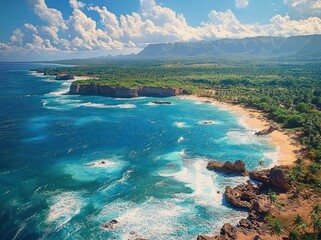 Aerial view of turquoise ocean with foamy waves crashing on rocky cliffs and golden sandy beaches fringed by palm trees, lush forest and distant plateau under dramatic clouds, serene and awe-inspiring