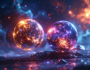 Two celestial orbs radiating energy amidst a cosmic background
