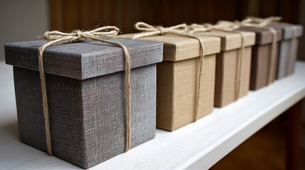 Fototapeta premium Elegant Decorative Gift Boxes Arranged on a Wooden Surface for Varied Occasions