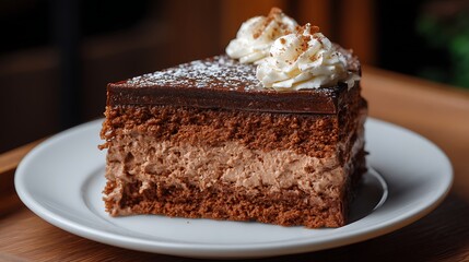 Delicious Chocolate Layer Cake with Cream Topping on a White Plate