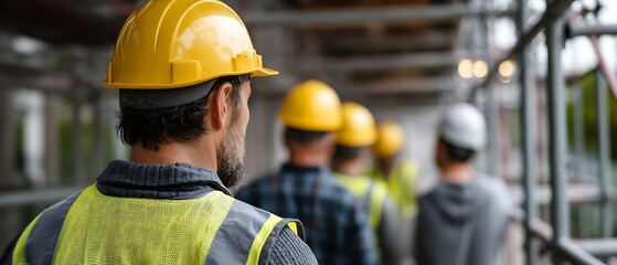 Construction Workers in Safety Gear Walking on a Scaffolding Site with Hard Hats