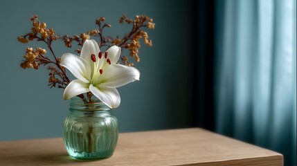 Elegant White Lily Arrangement in Glass Jar on Wooden Surface with Green Background