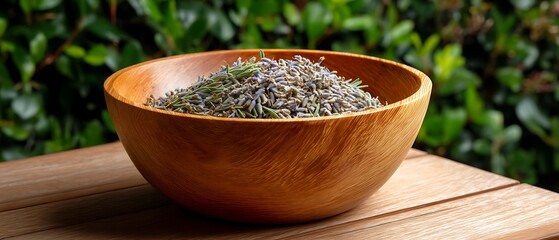 Lavender Flowers in a Wooden Bowl Surrounded by Greenery on a Wooden Surface