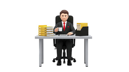 Businessman in Suit with Coffee at Desk with Files