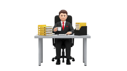 Businessman in Suit with Coffee at Desk with Files